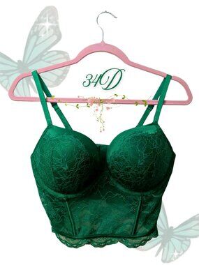 Victoria’s Secret Very Sexy Green Lace Bustier 34D Push Up Bra NWOT